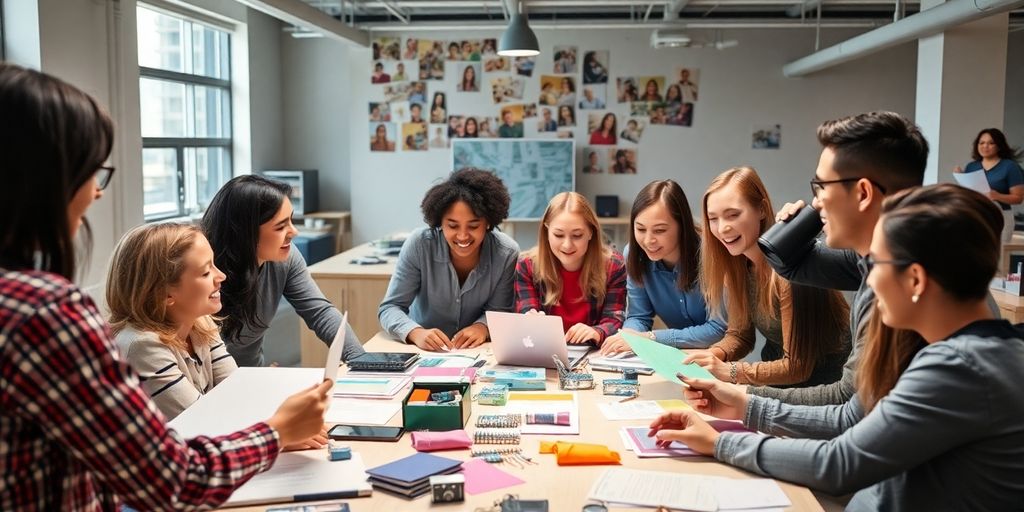 Diverse team brainstorming for a product launch at a table.