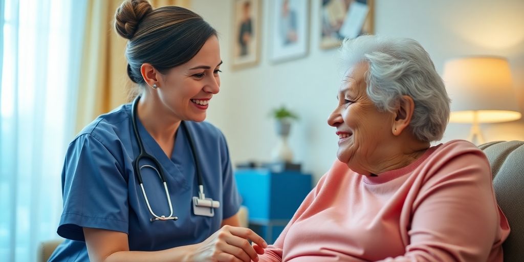 Healthcare professional assisting elderly patient at home.