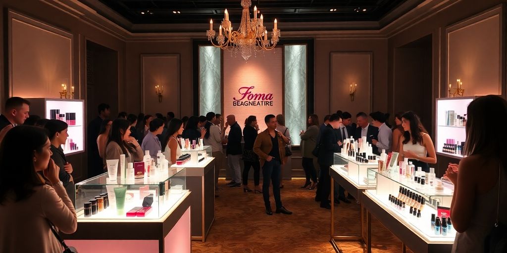 Elegant beauty product launch with luxurious decor and audience.