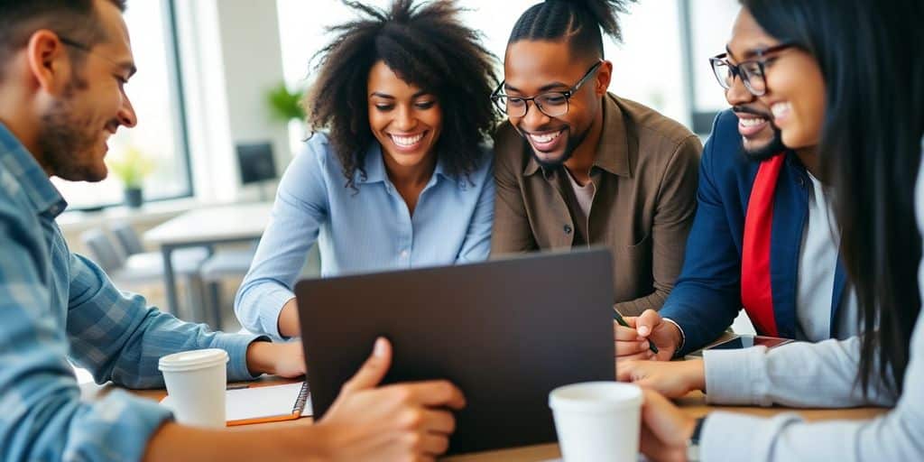 Team of professionals collaborating on product launch strategy.