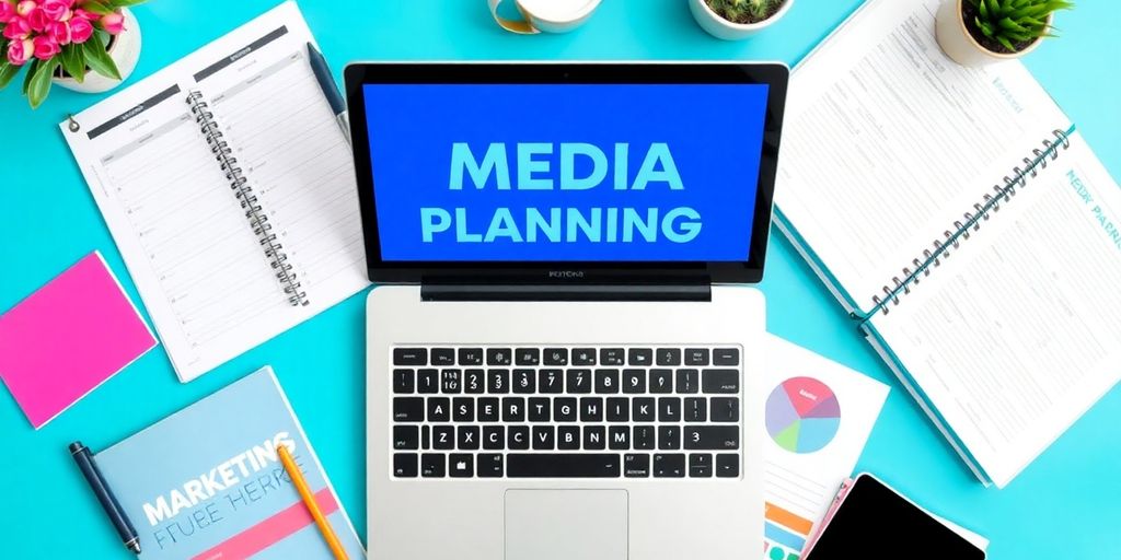 Workspace with planner and laptop for media planning.