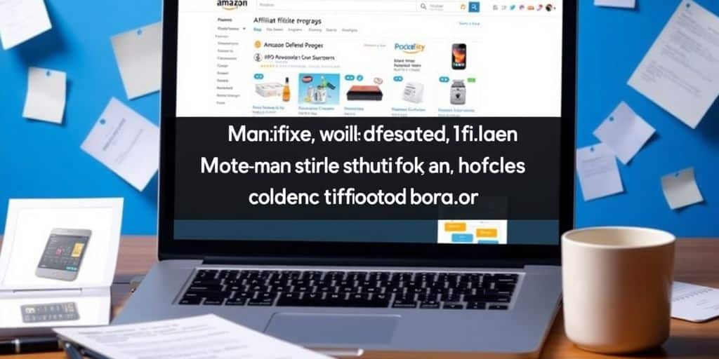 Laptop with Amazon affiliate dashboard and product images.