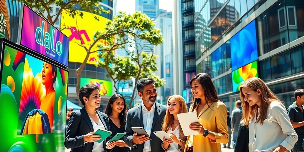 Diverse professionals collaborating in a futuristic urban setting.