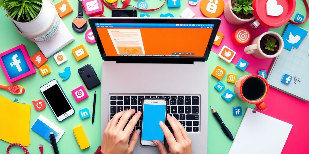 Person using smartphone in a creative social media workspace.