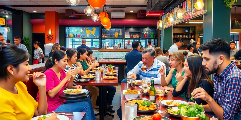 Diverse diners enjoying meals in a vibrant restaurant setting.