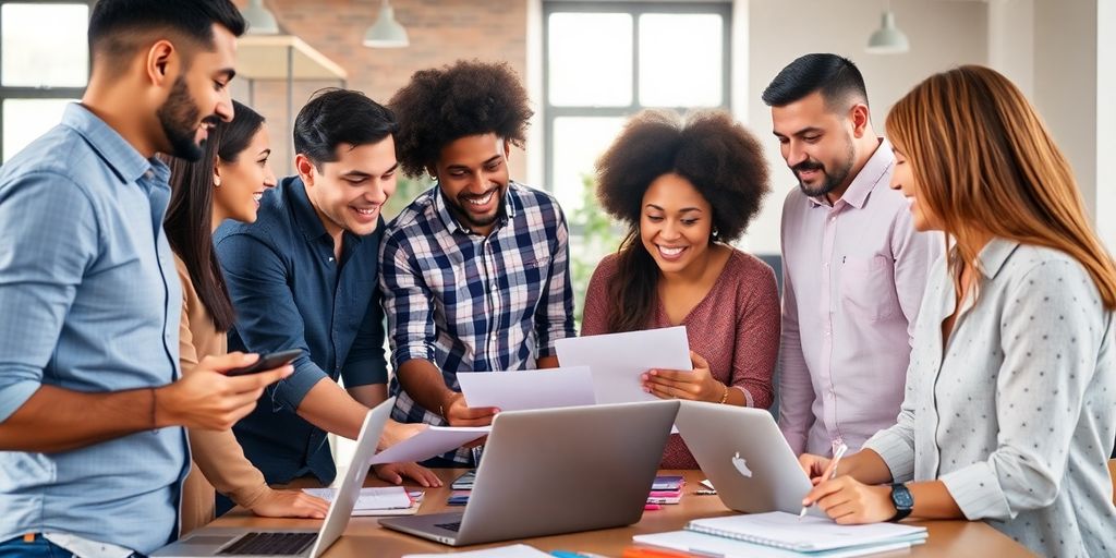 Team collaborating on a product launch strategy in office.