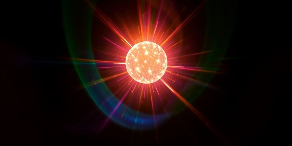 Bright light beams from a central glowing sphere.