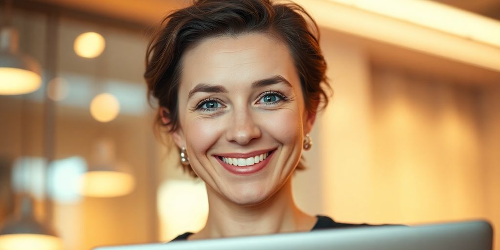 Freelancer smiling, working on laptop, successful, vibrant background.