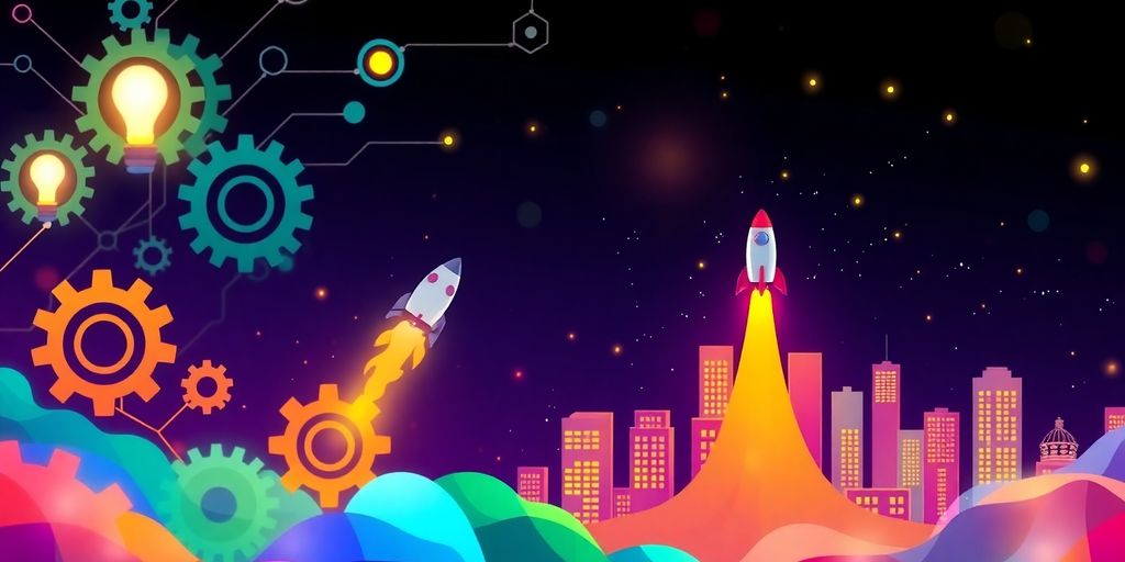 Vibrant digital marketing, gears, lightbulbs, rocket launch, city