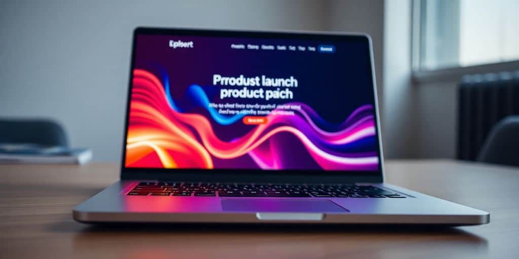 Laptop displaying a vibrant, futuristic product launch website.
