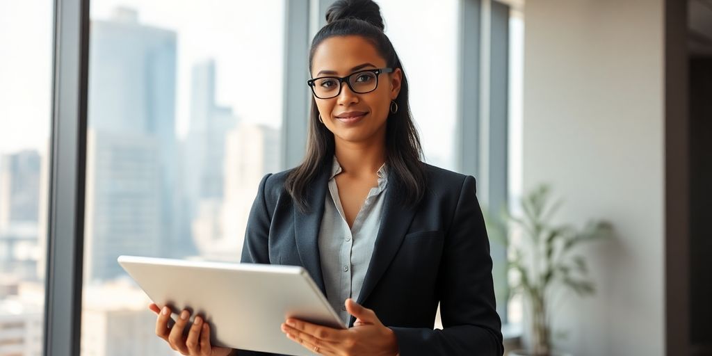 Attorney with tablet, city view.