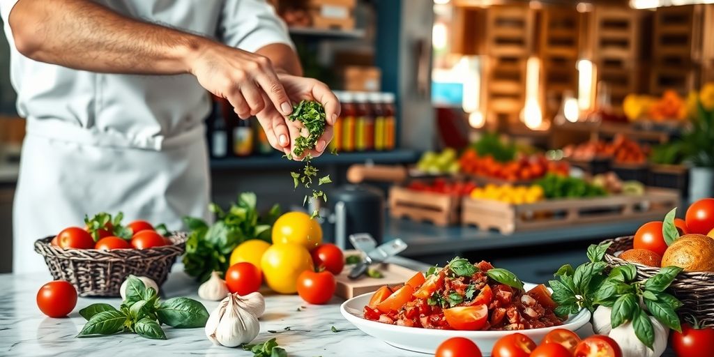 Chef sprinkling herbs on dish with jars and market background