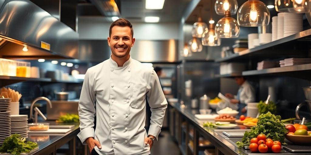 Chef smiling in a lively restaurant kitchen.