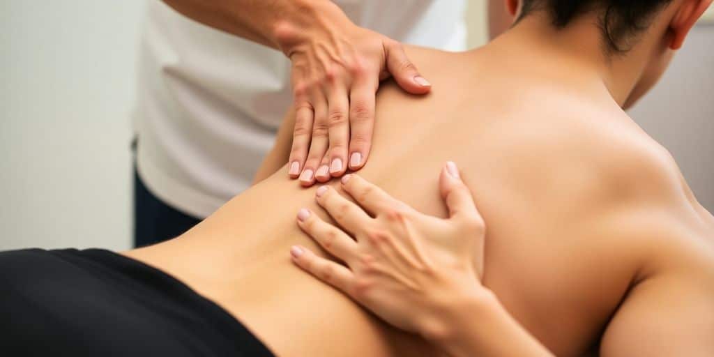 Chiropractor adjusting patient's back with focus