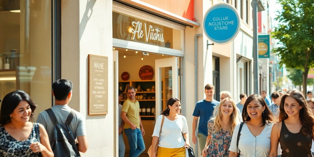 Small shop owner smiling, diverse customers.