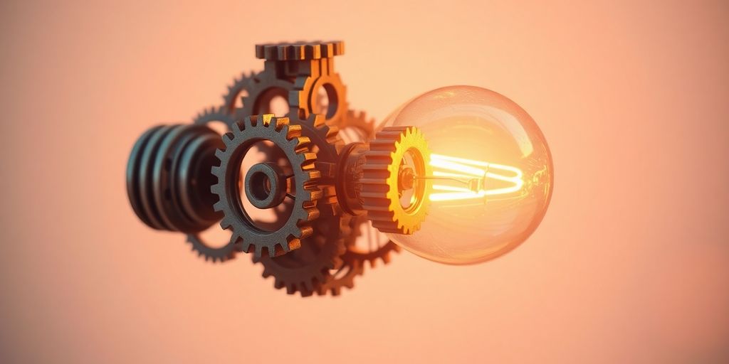 Bright lightbulb forms from gears.