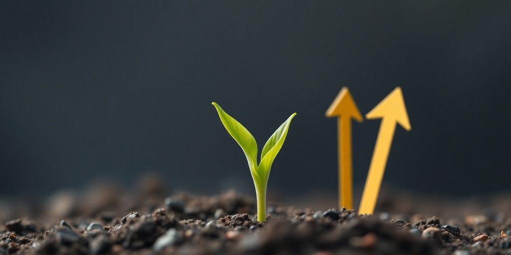 Plant sprout growing with upward arrows.