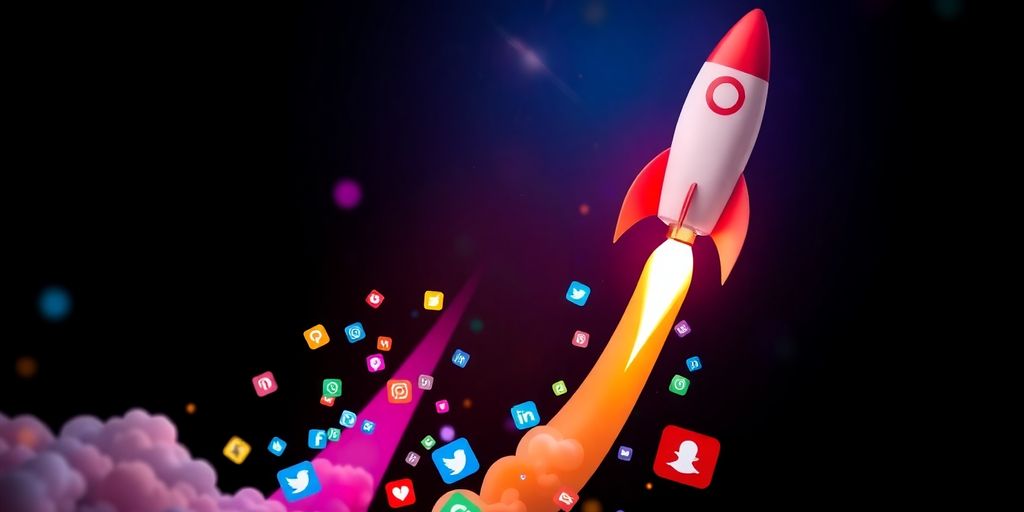 Rocket launch with social media icons swirling around.