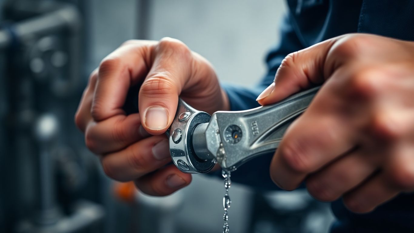 Plumber fixing a pipe with a wrench.