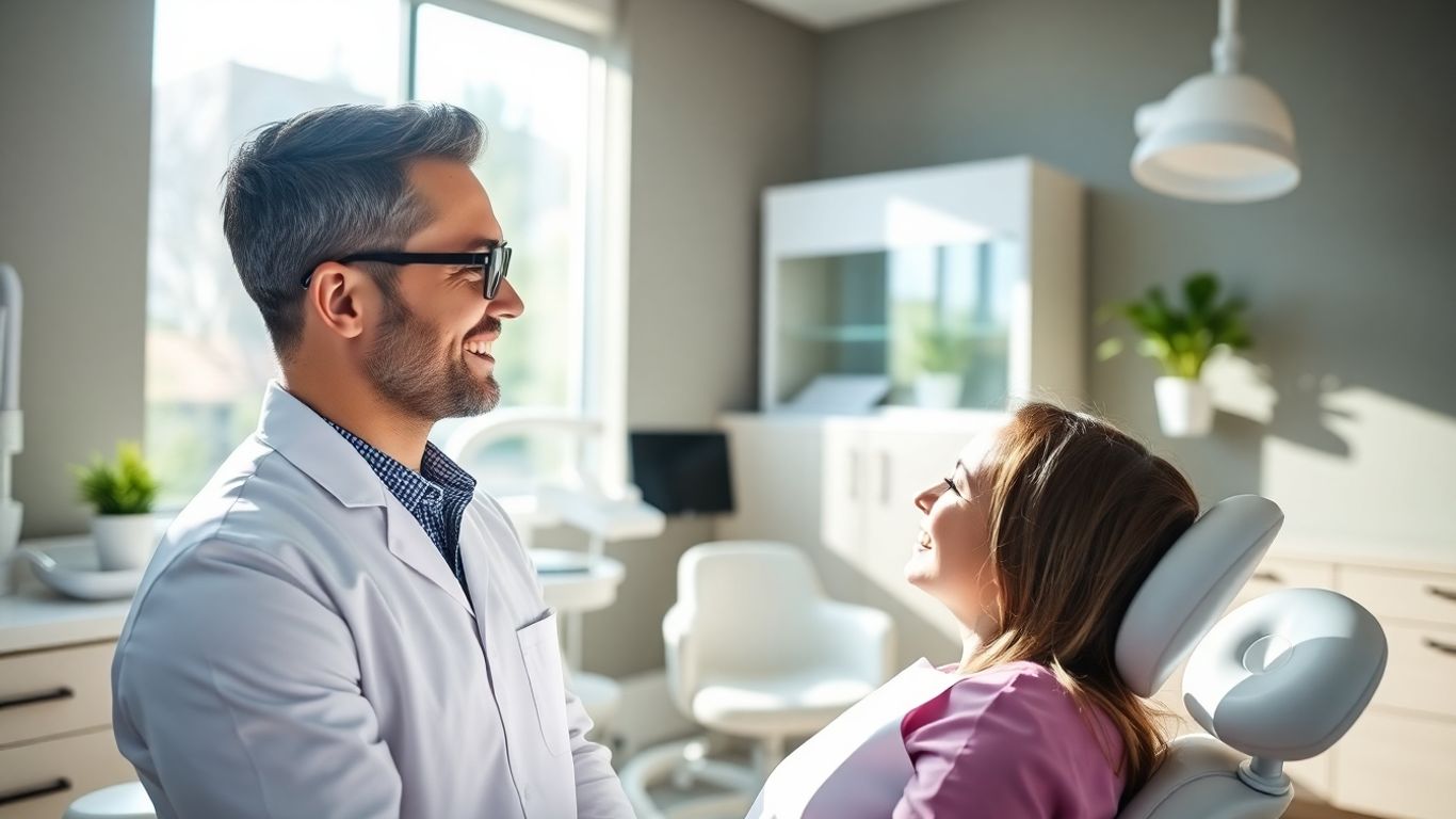 Dentist smiling with patient in modern dental office.