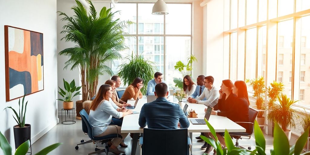 Law firm professionals collaborating in a bright, modern office.