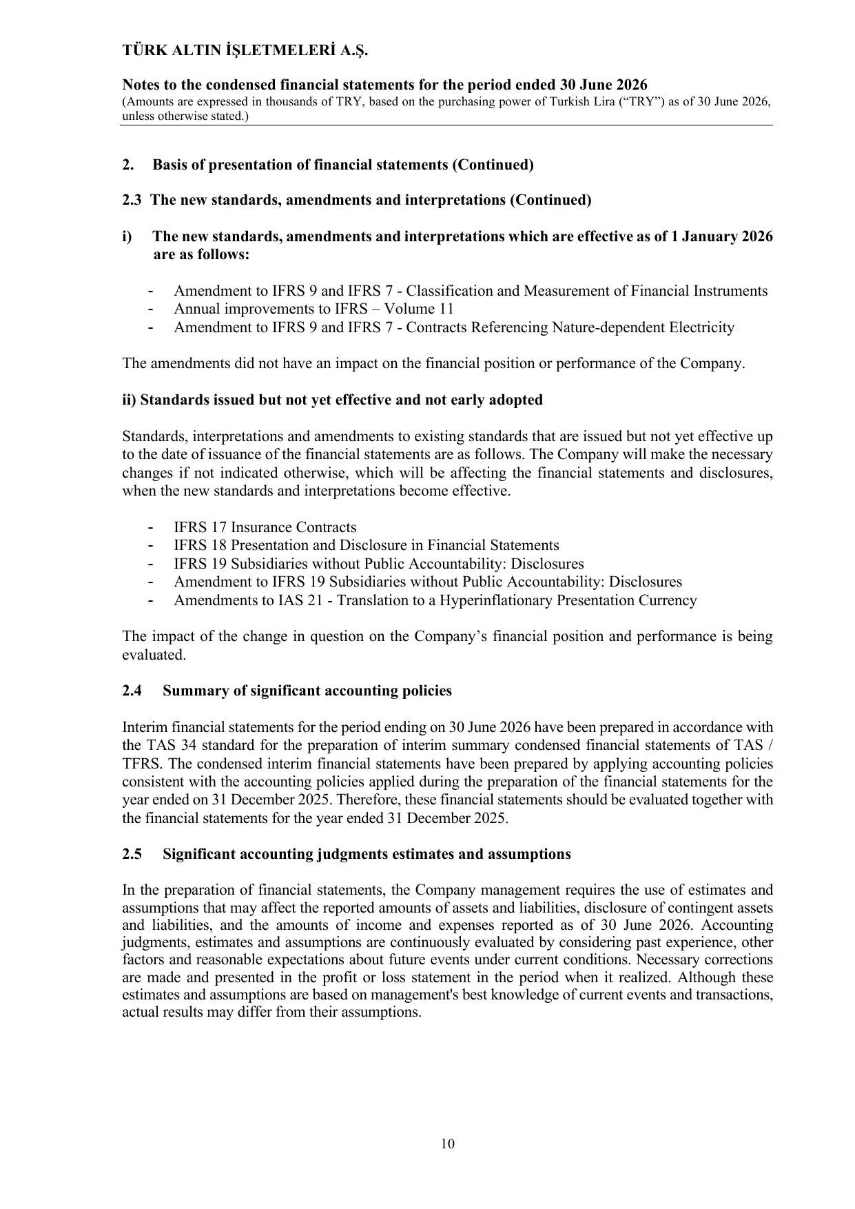 Tรผrk Altฤฑn ฤฐลletmeleri A.ล. - 30.06.2026-TFRS-ENG.pdf โ sayfa 14
