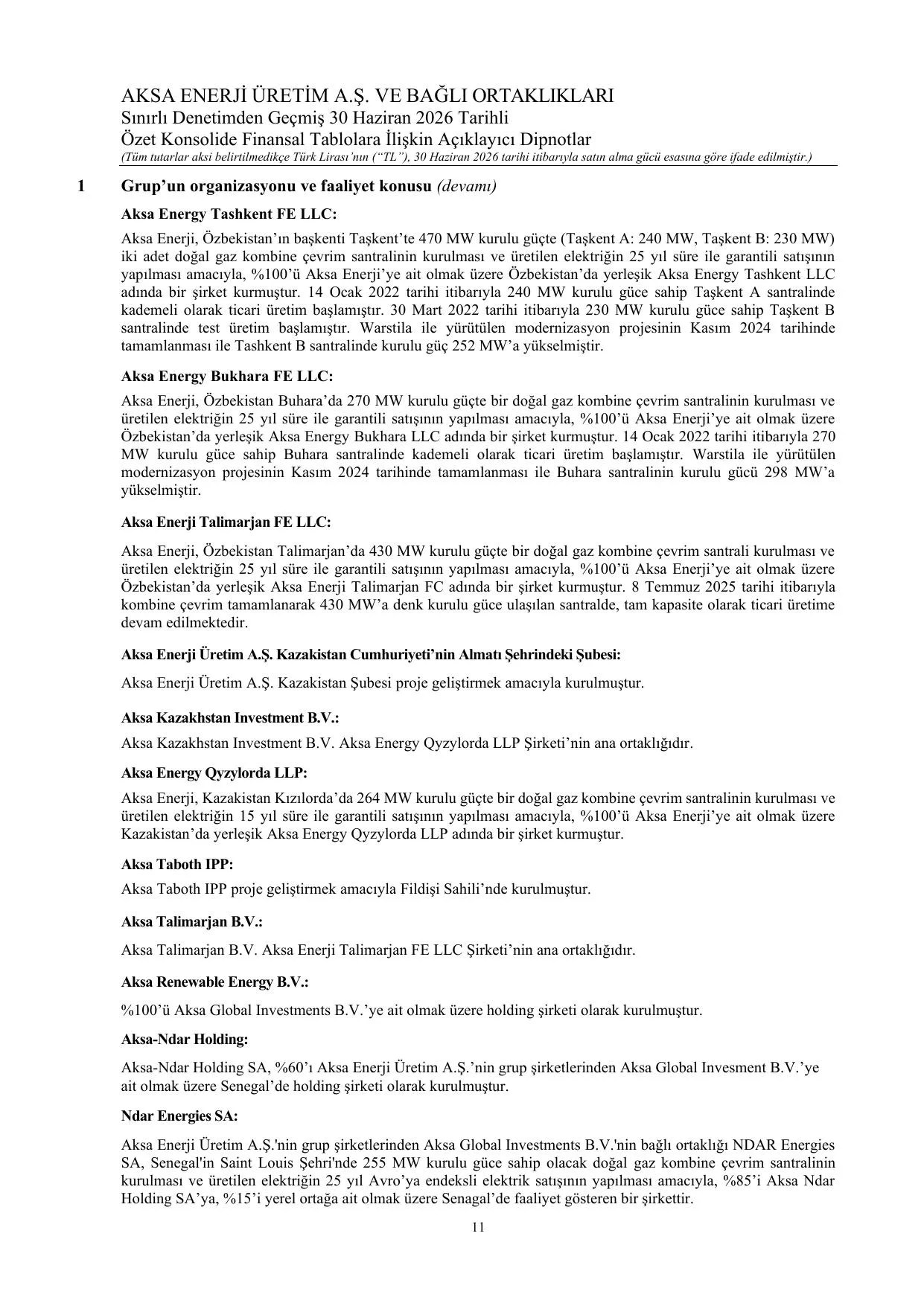 Aksa Enerji รretim A.ล. ve Baฤlฤฑ Ortaklฤฑklar 30 Haziran 2026 SPK Raporu.pdf โ sayfa 14