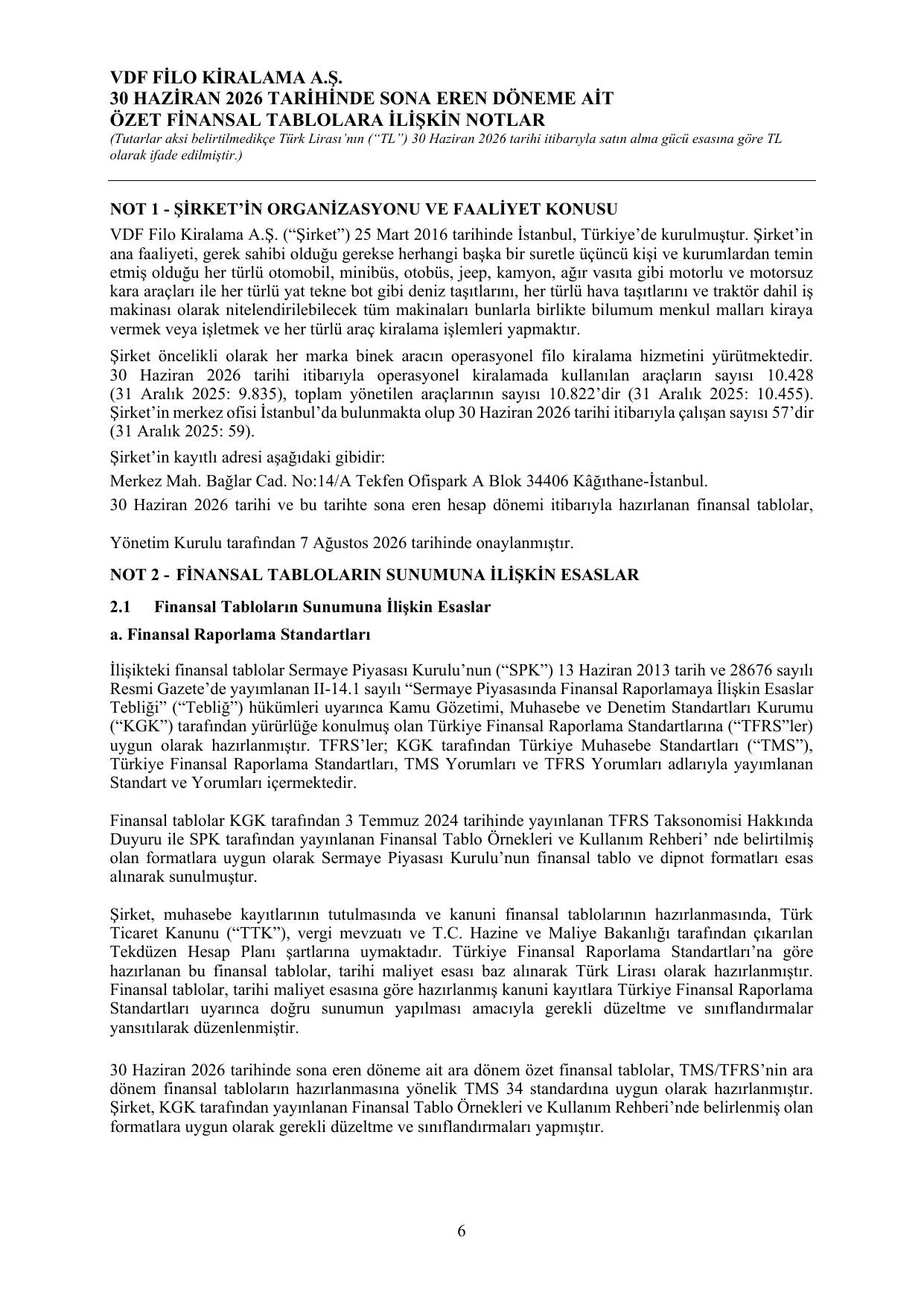 Vdf Filo Kiralama A.ล. 30.06.2026 Finansal Raporu.pdf โ sayfa 9
