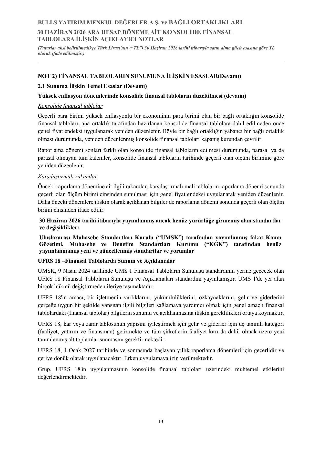 Bulls Yatırım Menkul Değerler A.Ş. Konsolide Finansal Tablo ve Dipnotlar 30.06.2026.pdf — sayfa 14