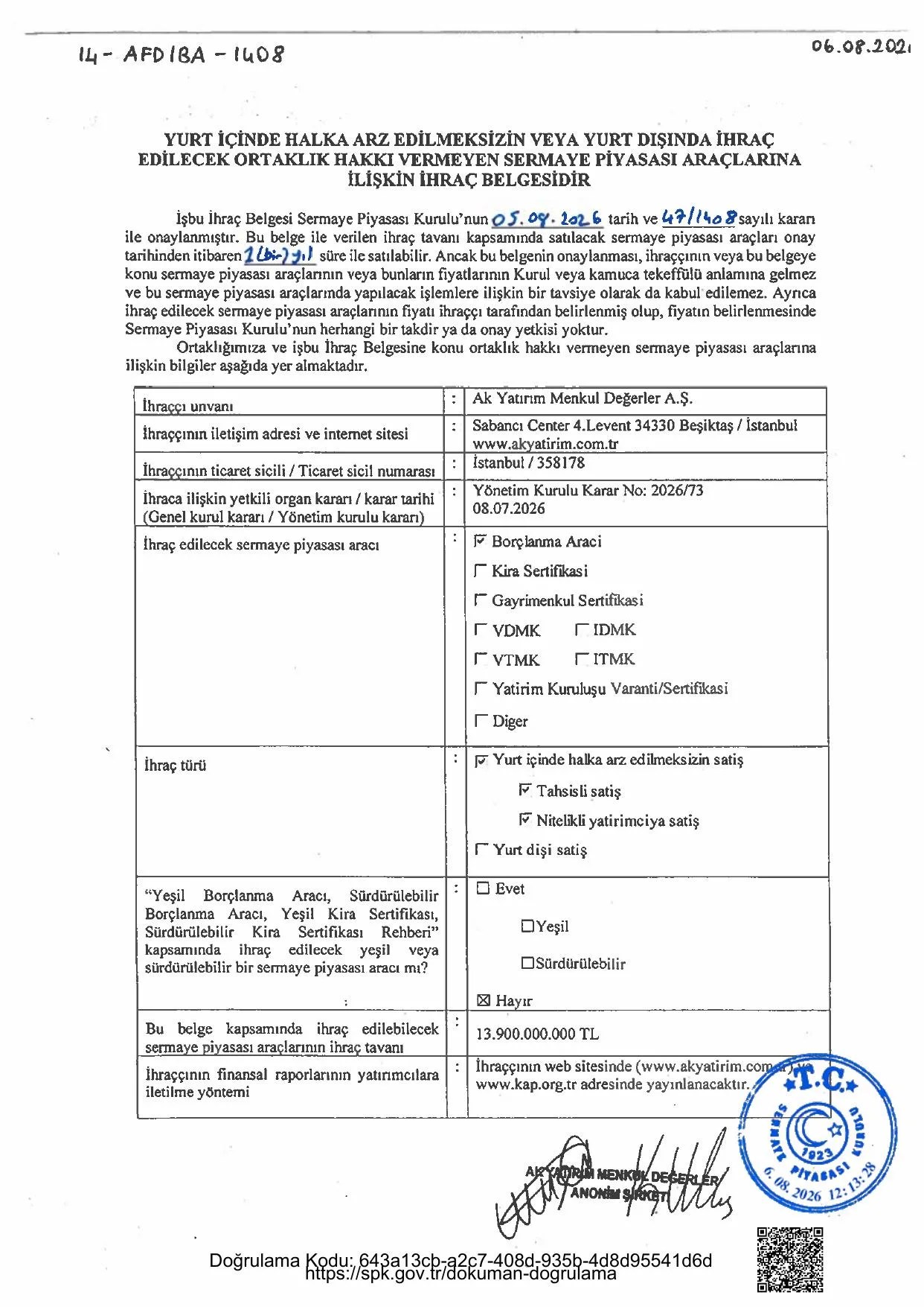 İhraç Belgesi_13.9 Milyar TL.pdf — sayfa 1