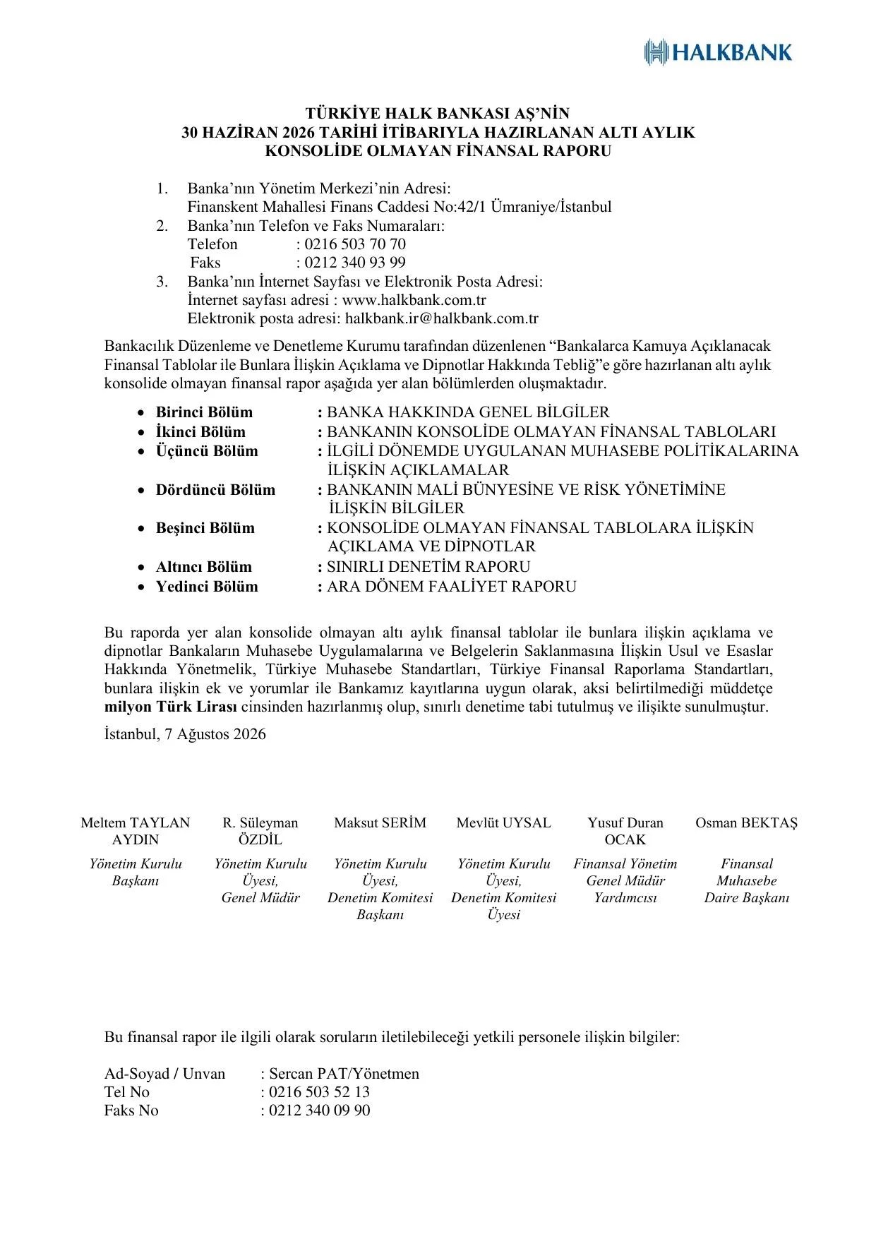 Türkiye Halk Bankası AŞ Konsolide Olmayan Rapor 30.06.2026.pdf — sayfa 4