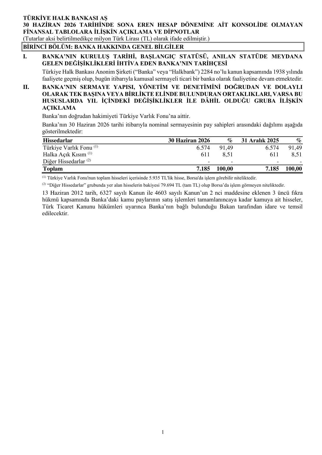 Türkiye Halk Bankası AŞ Konsolide Olmayan Rapor 30.06.2026.pdf — sayfa 7