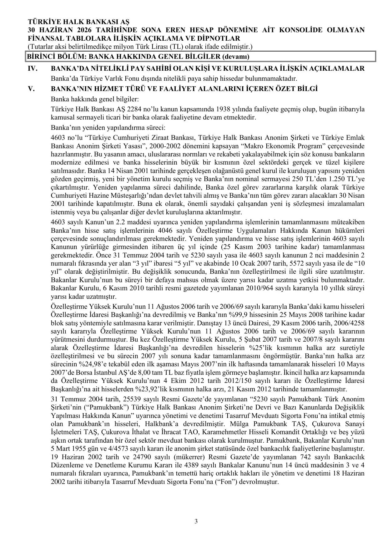 Türkiye Halk Bankası AŞ Konsolide Olmayan Rapor 30.06.2026.pdf — sayfa 9