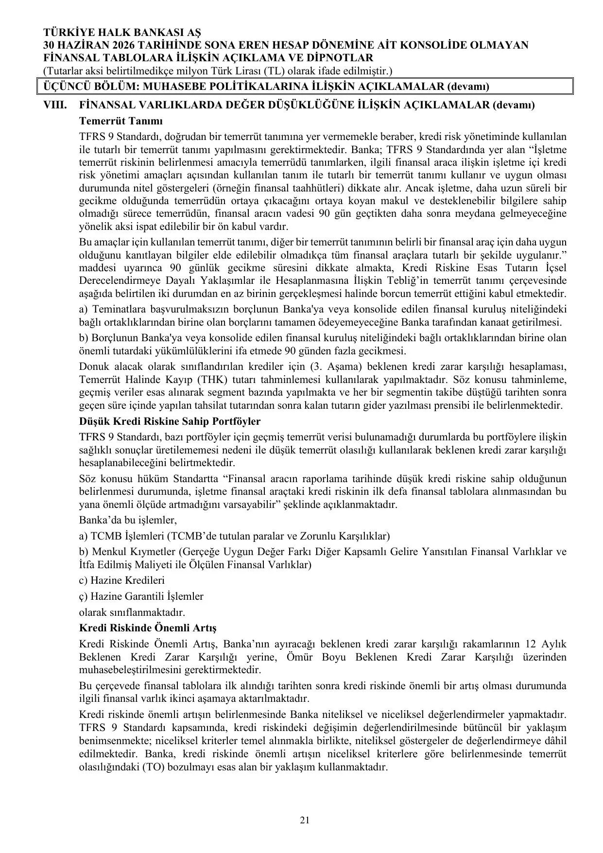 Türkiye Halk Bankası AŞ Konsolide Olmayan Rapor 30.06.2026.pdf — sayfa 27