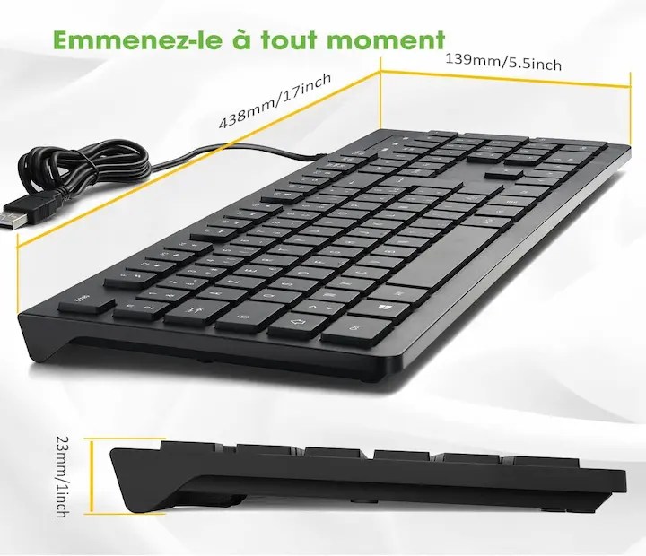 Clavier informatique AZERTY standard noir, conçu pour un confort de frappe optimal et une productivité accrue au bureau, disponible chez BoulevardTech à Bamako.