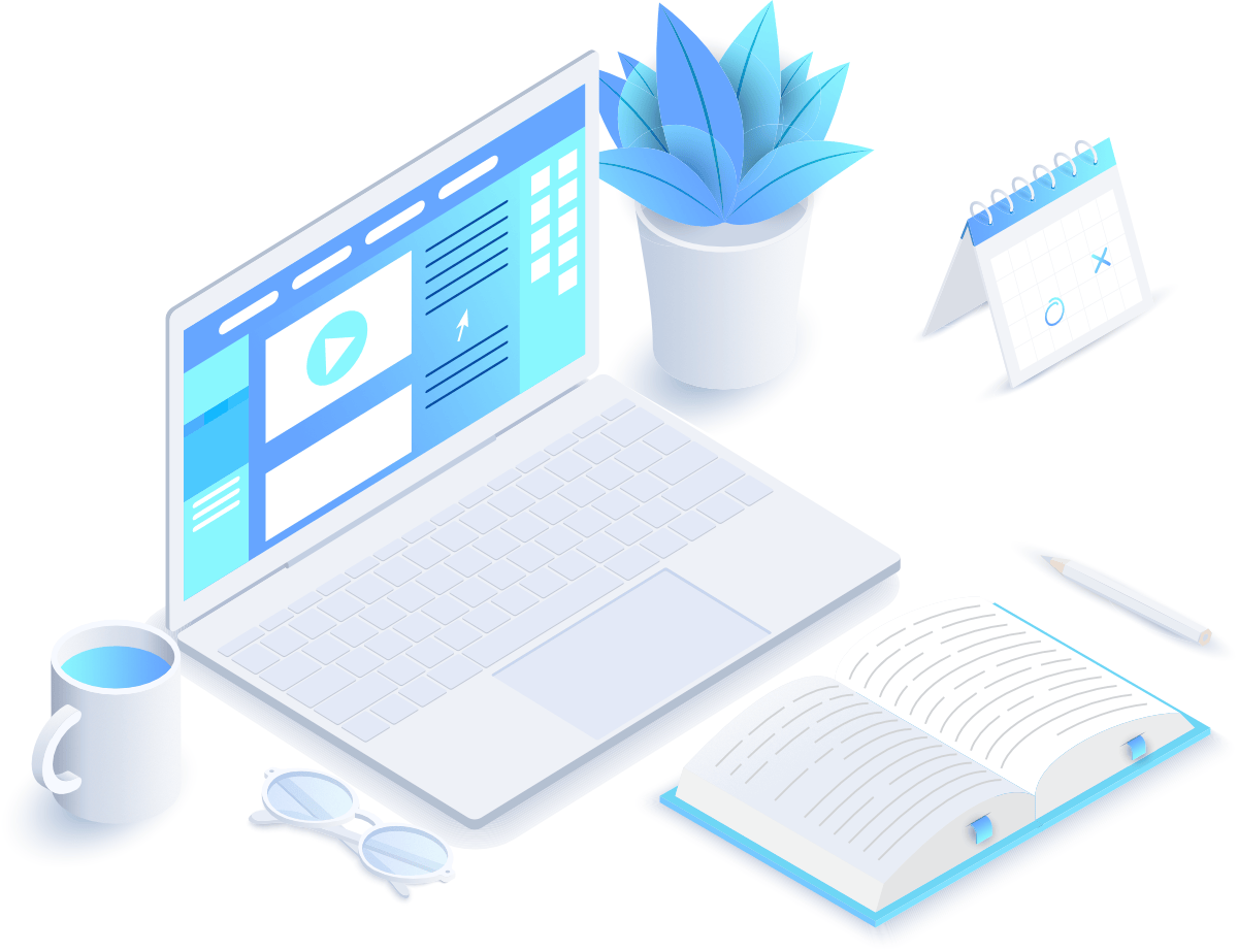 book computer pencil mug glasses plant calendar on a desk