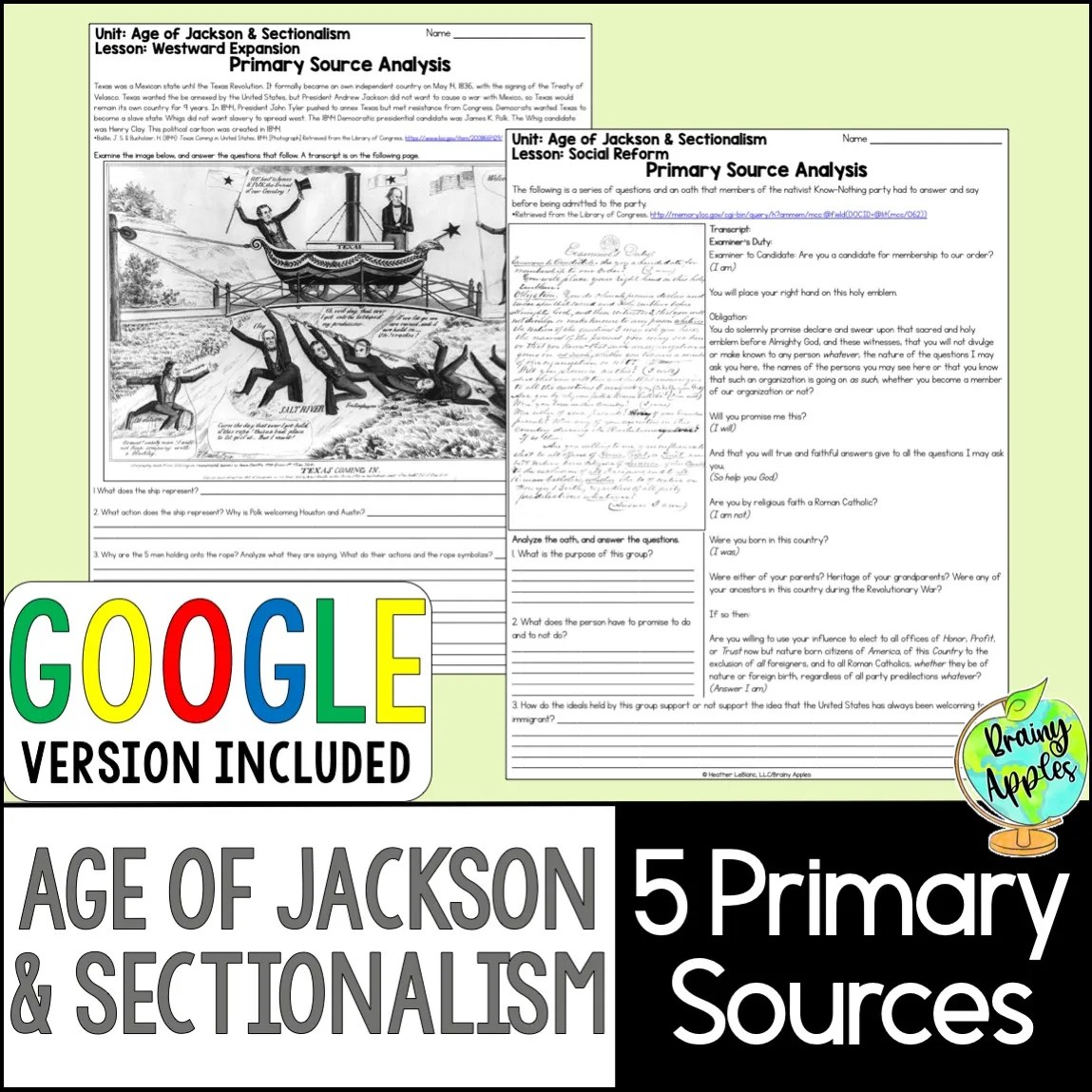 Jackson & Sectionalism Primary Document Analysis - Brainy Apples