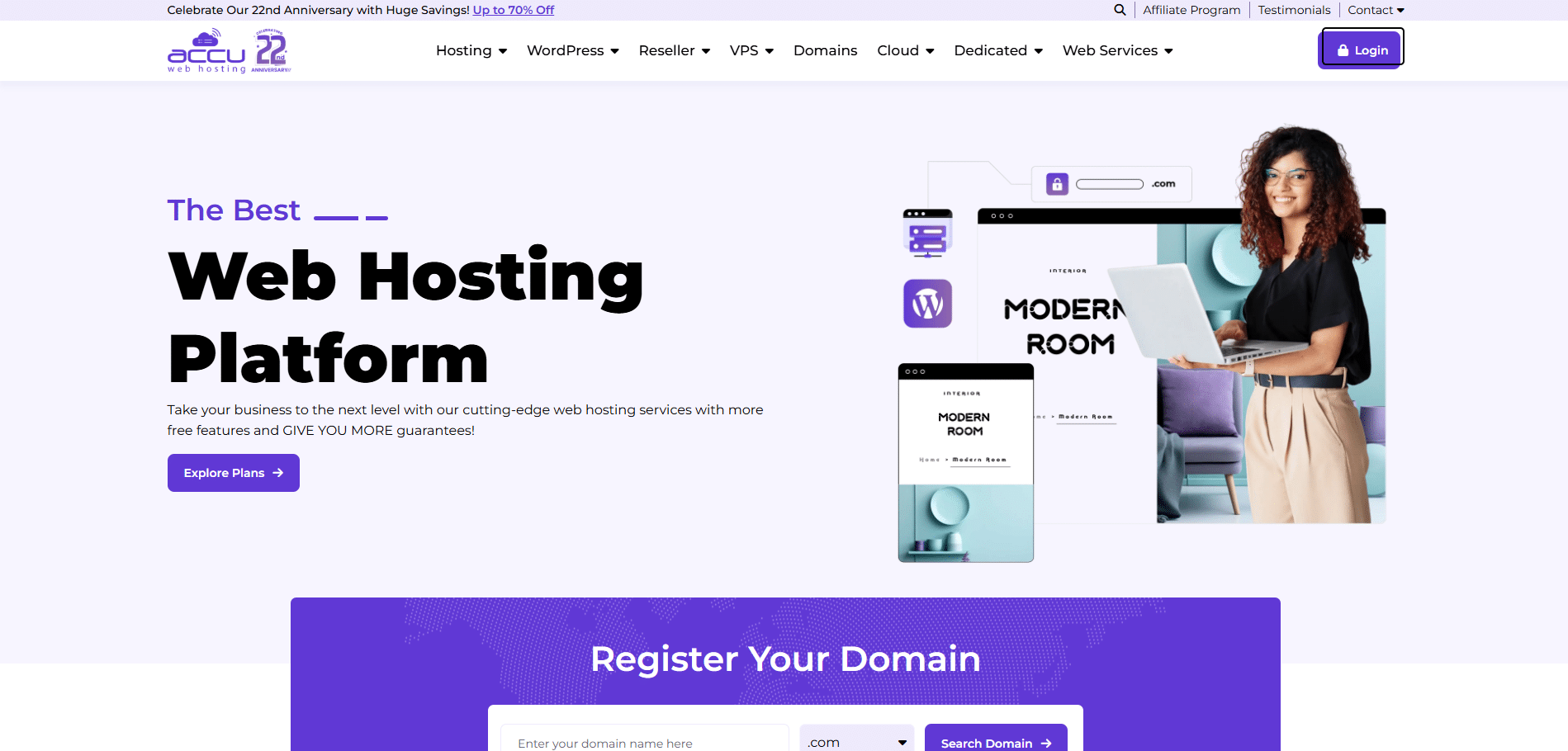 AccuWeb Hosting homepage featuring web hosting platform, anniversary promotion, and plans.