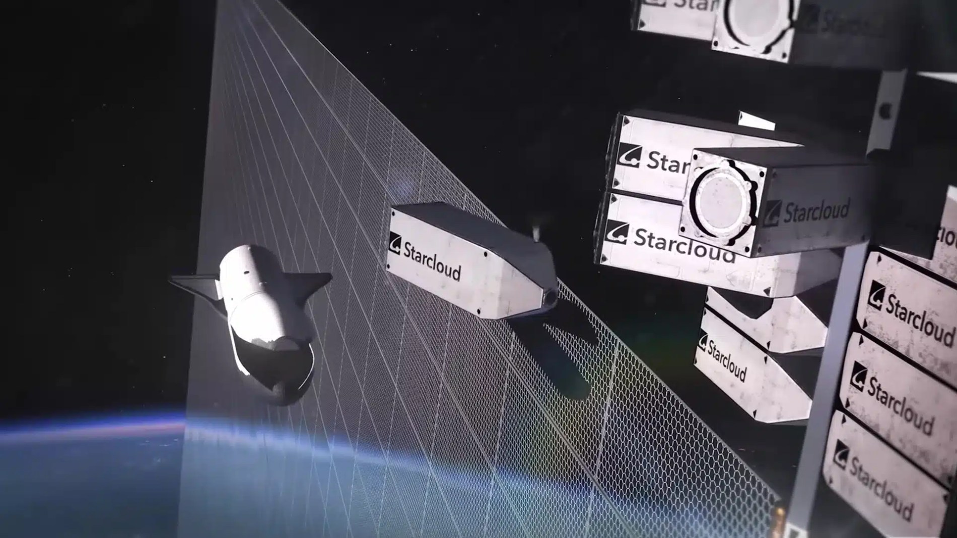 A spacecraft approaches a large orbital structure as multiple starcloud branded modules attach to form a space based data center above earth