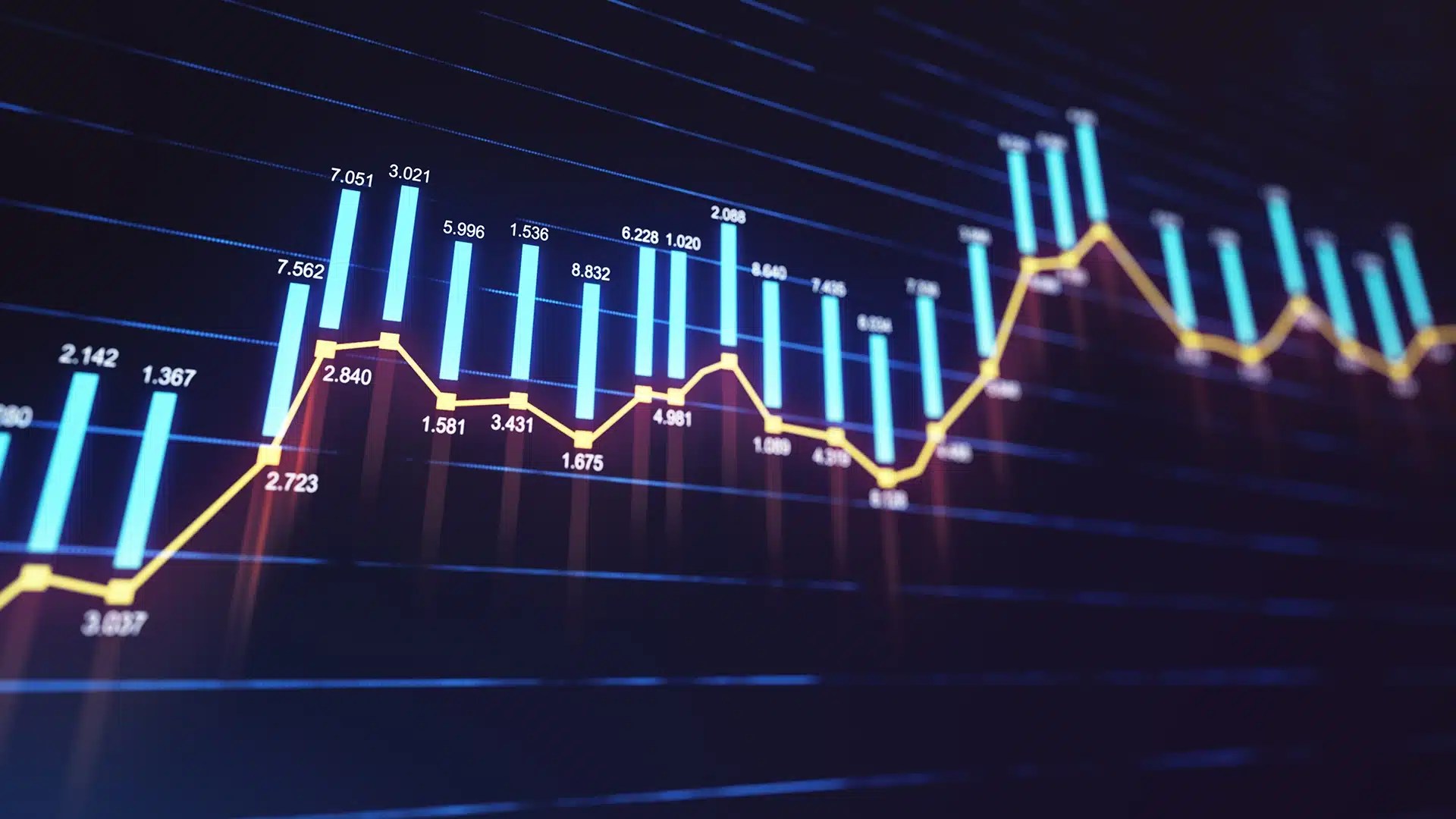 Digital financial chart with blue bar graphs and a yellow line trend showing fluctuating market data on a dark background