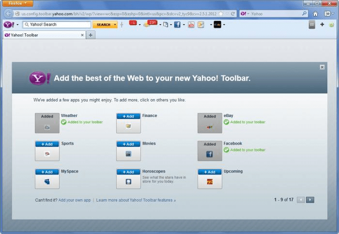 Панель инструментов Yahoo в Firefox в Windows