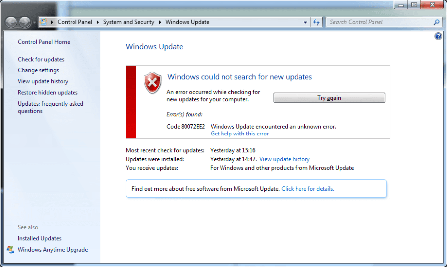 windows update error 80072ee2