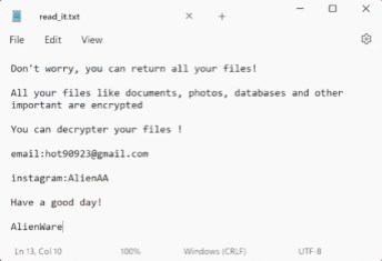 AlienWare Ransomware (ransom note)