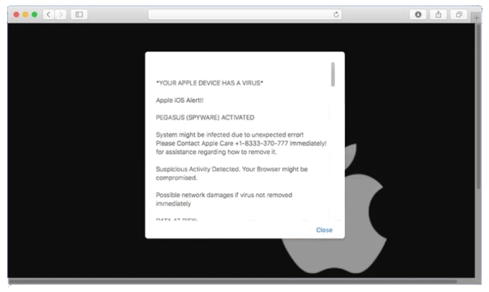 YOUR APPLE DEVICE HAS A VIRUS pop-up mac