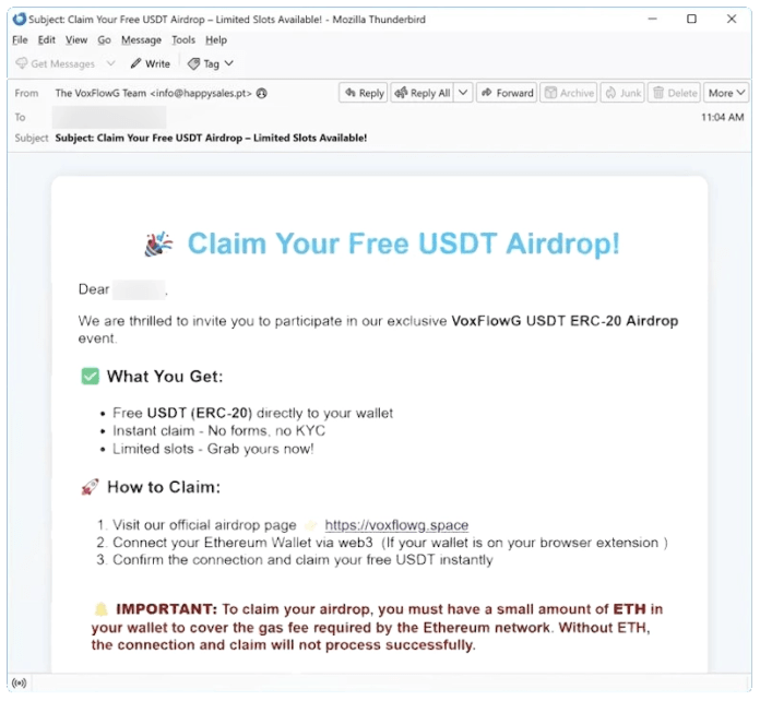 VoxFlowG USDT Airdrop e-mail spam