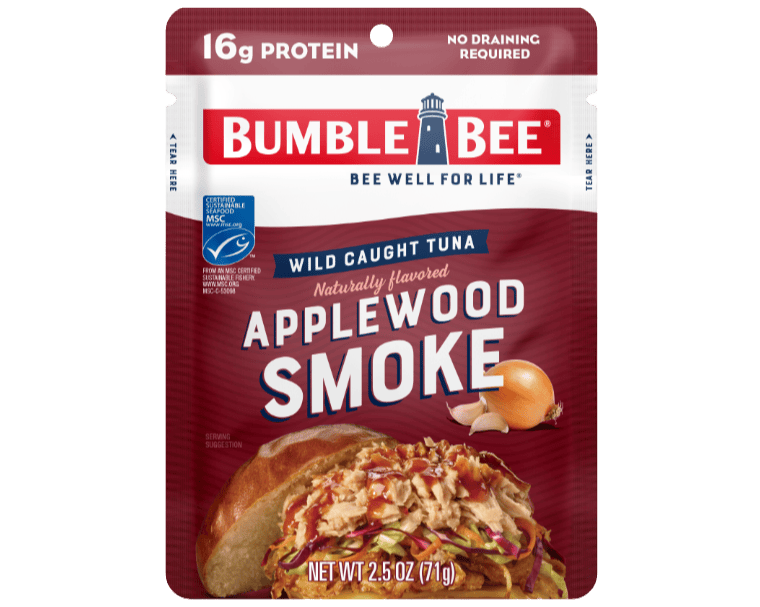 A pouch of BUMBLE BEE® Applewood Smoke Seasoned Tuna Pouch
