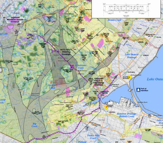 This map sets out the area within which the province wants to create a new highway at some point in the future. The highway is referred to as the NGTA - Niagara to GTA road.
