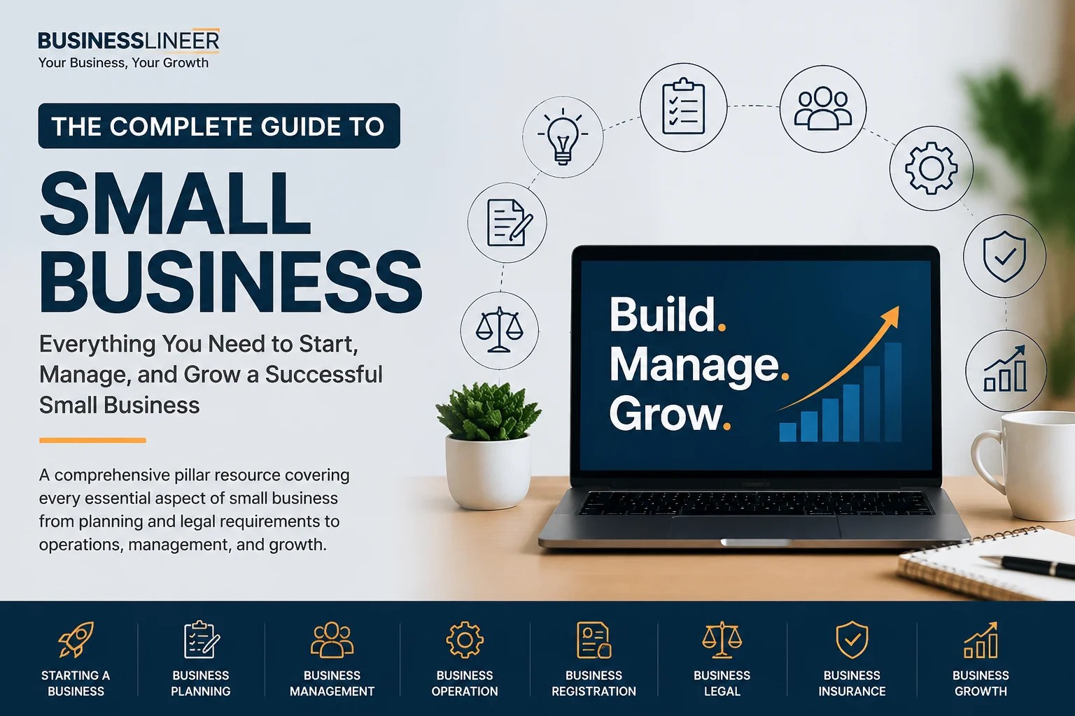 Complete guide to small business covering planning, management, operations, registration, legal, insurance, and growth strategies