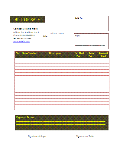 bill of sale template free business templates