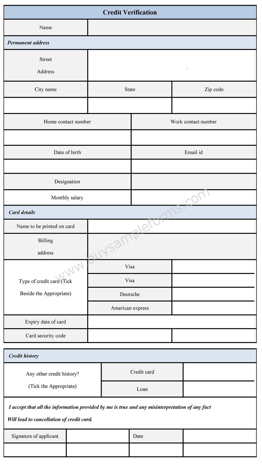 Credit verification form
